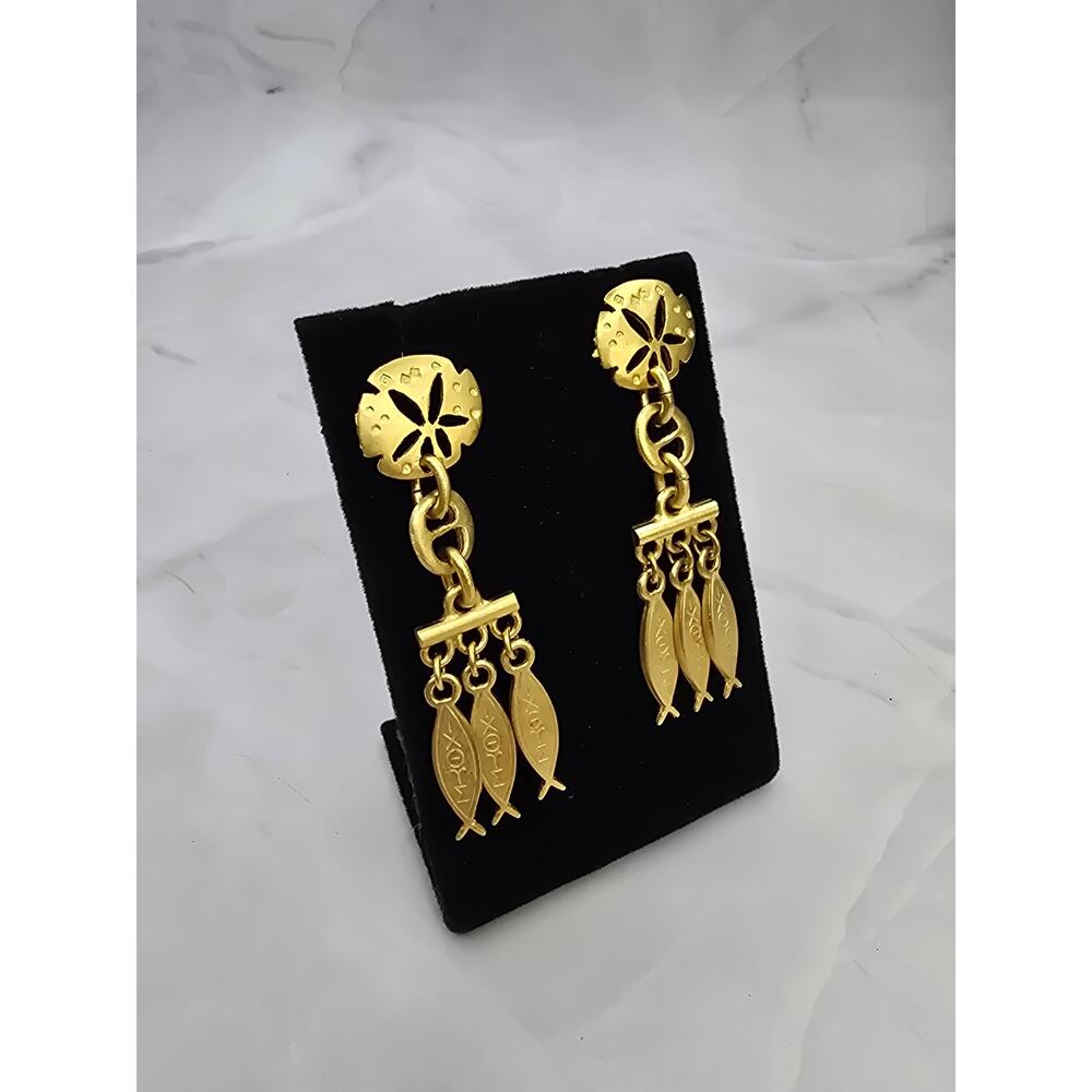Matte Gold Ocean Themed Dangle Earrings Sand Dollars Fish Charms